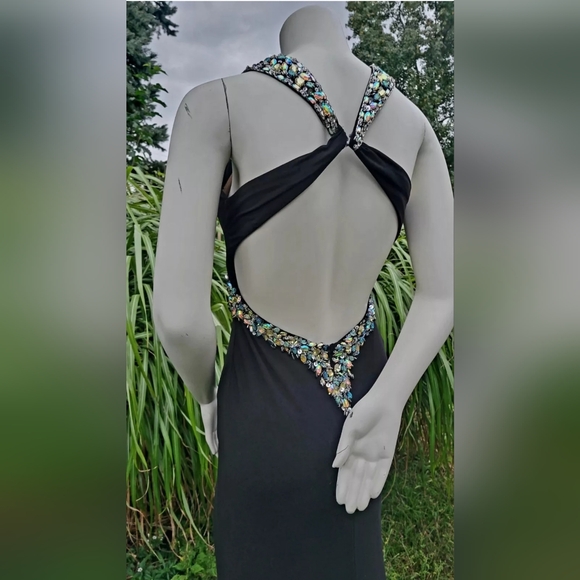 Goddess Black Halter Top MAXI long Gown BALL PROM DRESS WITH RHINESTONES Size 6 - Picture 5 of 8